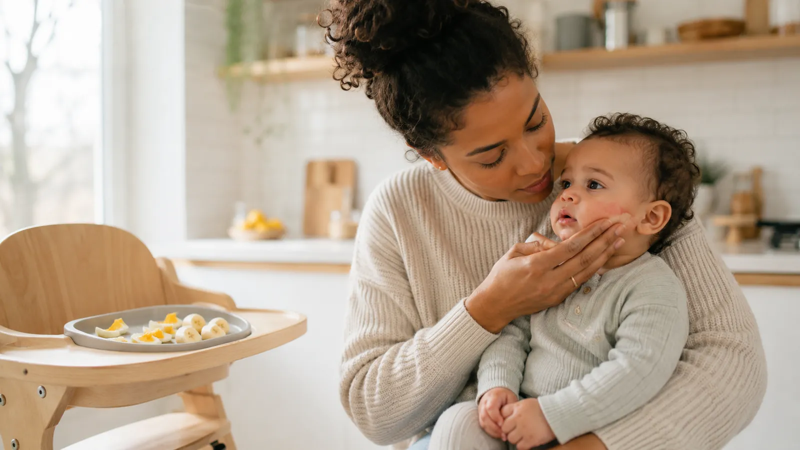 A worried parent comforting a baby in a high chair, scanning their face for signs of an allergic reaction after a new food.