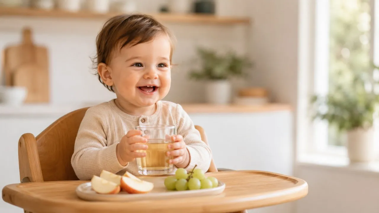 Smiling toddler in a wooden high chair holding a small glass cup of diluted juice with apple slices and green grapes on the tray, warm sunlit kitchen background.